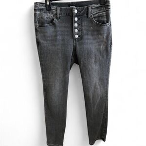 Charcoal Grey Express mid rise skinny jeans with button fly detail.